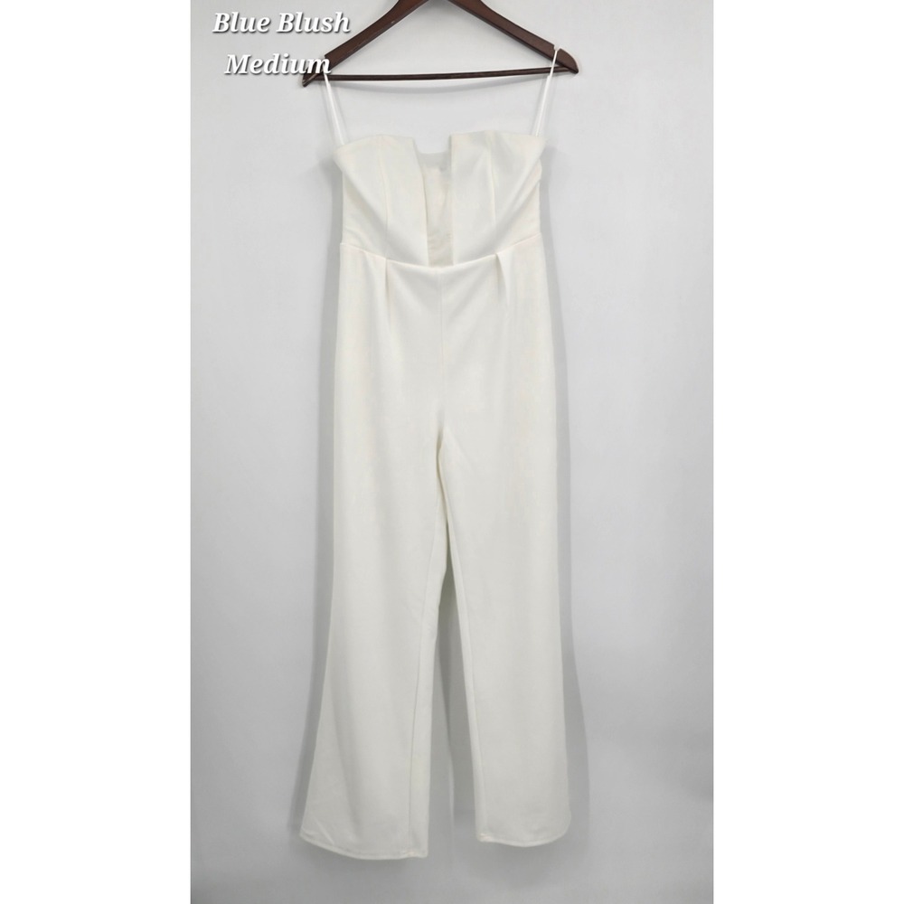 Blue Blush Ivory Strapless Corset Wide Leg Jumpsuit Bridal Minimalist Medium